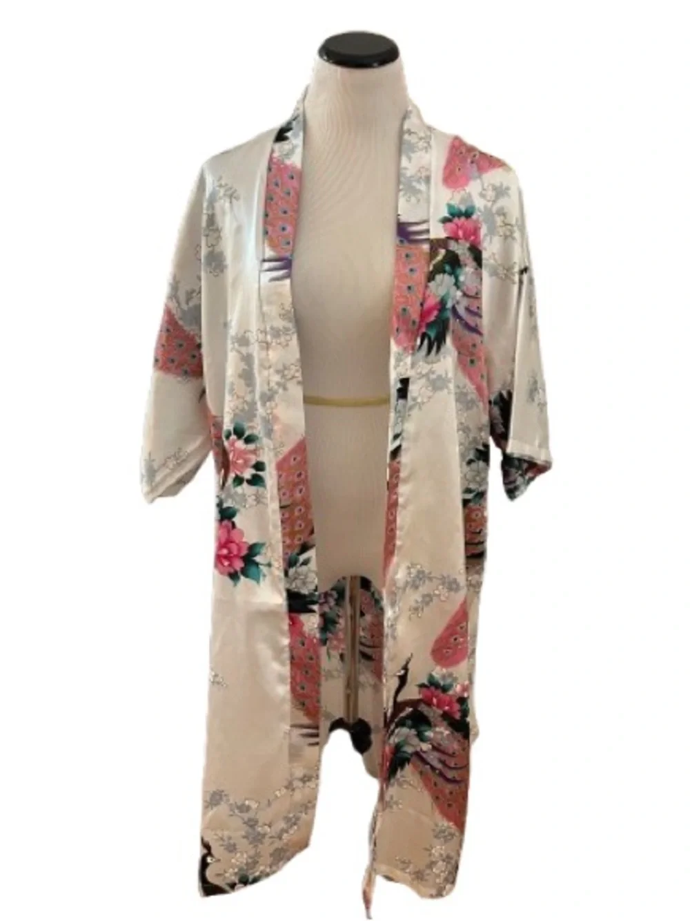 Women’s White and Pink Floral Peacock Kimono Robe Size OS
